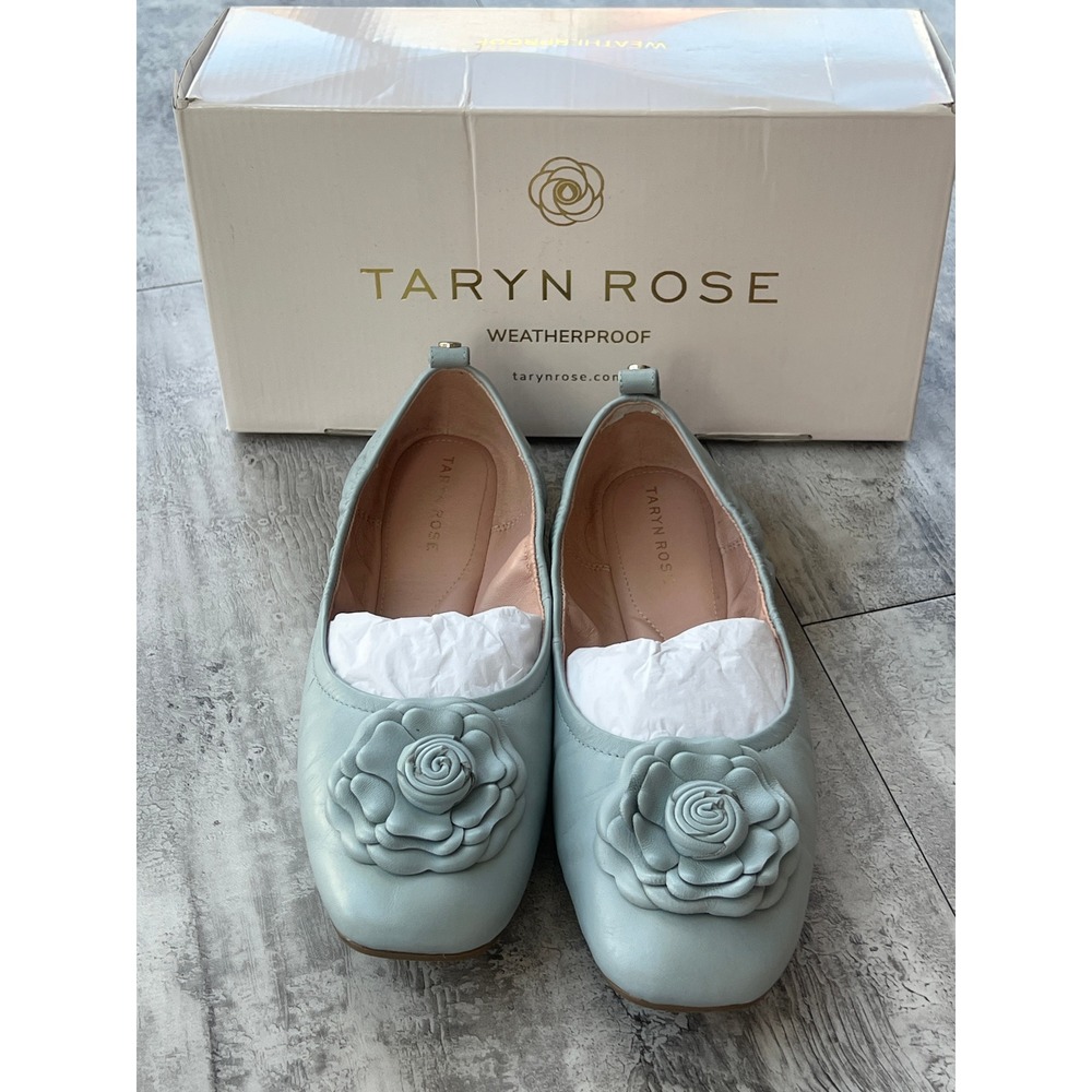 Taryn Rose Weatherproof Light Blue Leather Rosette Square Toe Ballet Flats